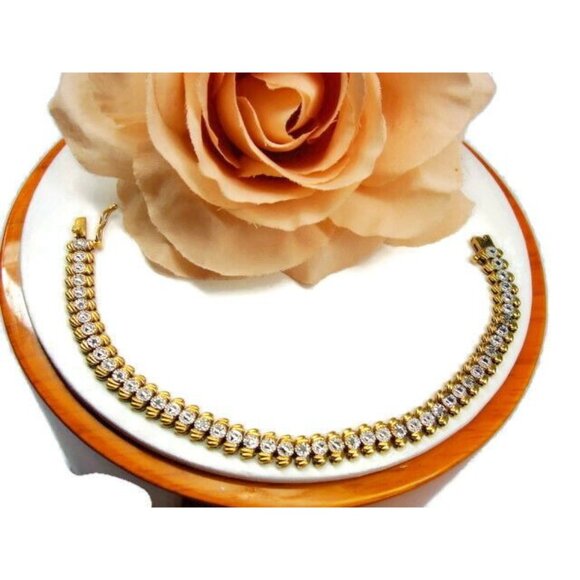 7" Vtg Tennis Bracelet Gold Plated 925 Sterling Silver Simulated Cubic Zirconia - Picture 2 of 12